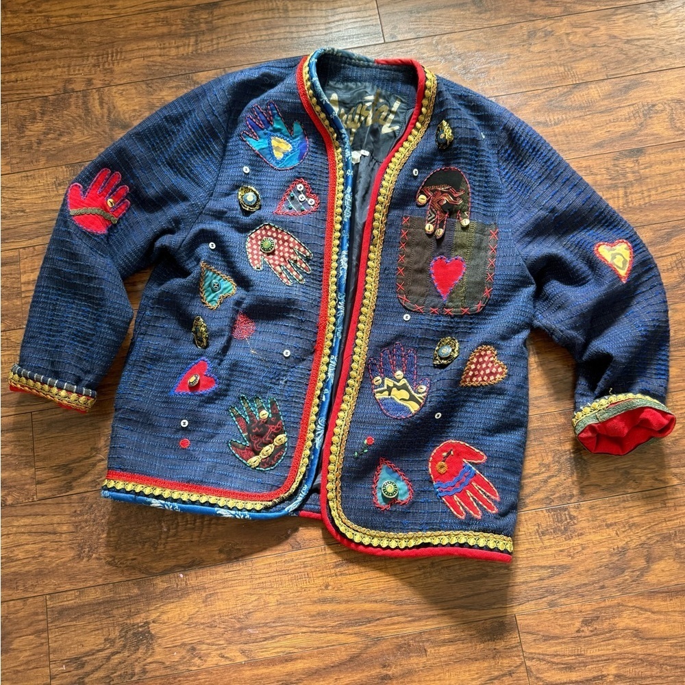 Vintage Crystal Handwoven Jacket Size L, Open Front Wearable Art Cottagecore